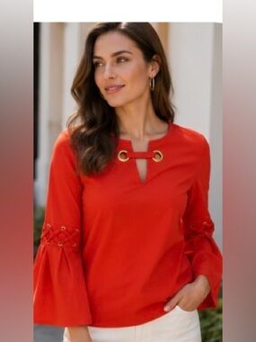 MICHAEL Michael Kors Red Bell Sleeve Grommet Blouse XS Gold Hardware